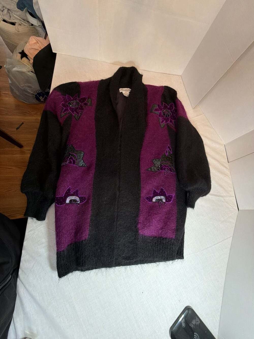 Vintage Alexa Grace Mohair Wool Blend Floral Embellished Cardigan Sweater